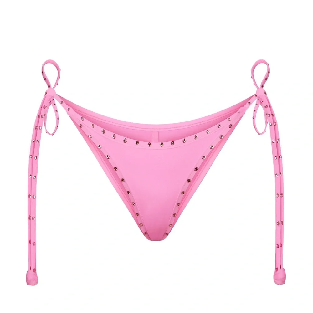 🌸SKIMS RHINESTONE SWIM BIKINI TIE BOTTOMS IN LIGHT PINK 4X